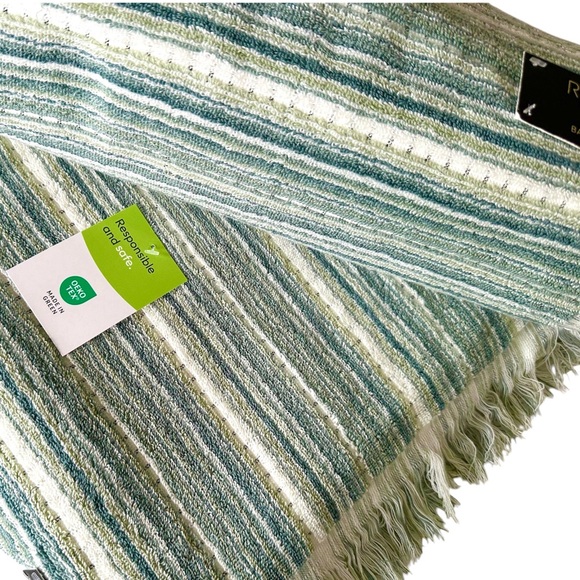 Rachel Zoe 2 Pc Cotton Bath Towels Set Grayish/ Blue & Ivory Stripes W/ Fringe - Picture 4 of 9